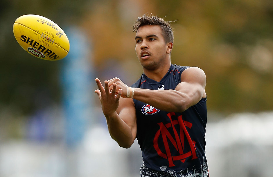 AFL 2016 Training - Melbourne 110516 MELBOURNE, AUSTRALIA - MAY 11: Jay Kennedy-Harris of the Demons in action during the Melbourne Demons training session at Gosch's Paddock in Melbourne on May 11, 2016. (Photo by Michael Willson/AFL Media)